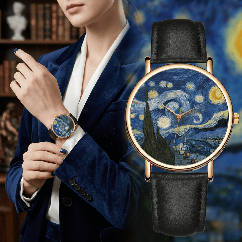 Leather Watch Band Men - ゴッホの絵画をモチーフにした腕時計、男女兼用、メタルケース、レザーストラップ、クォーツ時計、芸術作品「星月夜」、女性用腕時計、ギフト